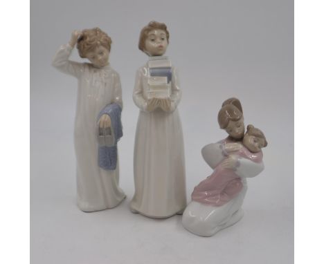 Three Nao figurines largest H: 30 cm to include Hug of Love, no visible chips or cracks. Not available for in-house P&amp;P