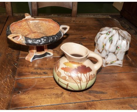 An Art Deco style comport, jug and a glass light shade