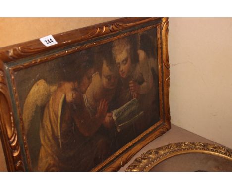 A pair of oval portrait oils on board, 34cm x 29cm (2) (af)  an oil on board of cherubs (af)