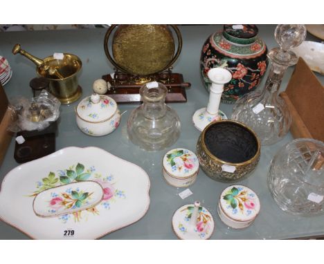 A china dressing table set, two glass decanter, a brass Indian bowl, a pestle and mortar, postal scales and other collectable