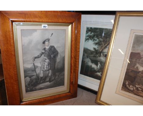 Two framed prints after Morland, a print and an engraving of a highlander in a maple frame 