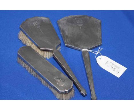 SELECTION OF SILVER ITEMS
including a three piece Art Deco vanity set, comprising hand mirror, hair brush and clothes brush; 