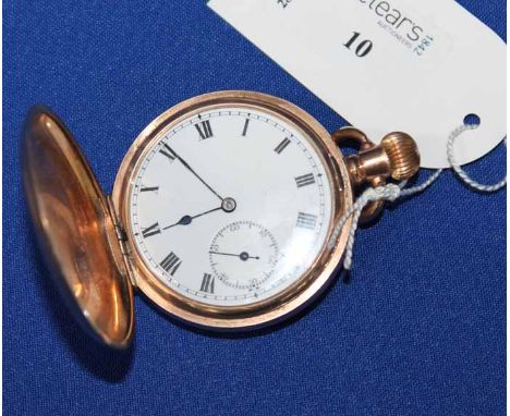 ROLLED GOLD FULL HUNTER POCKET WATCH
by Dennison Watch Case Co. Ltd., with white enamel dial and engraved initials 'W. McF' t