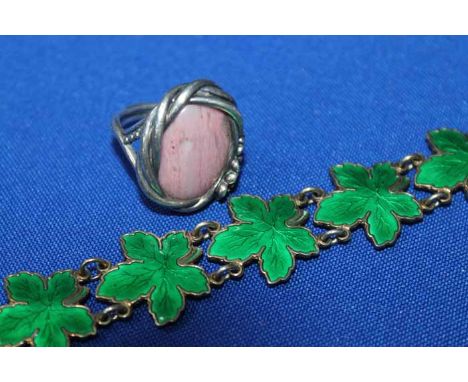 DANISH SILVER AND ENAMEL LEAF MOTIF BRACELET
together with a Pandora silver and agate ring marked "ALE" (2)