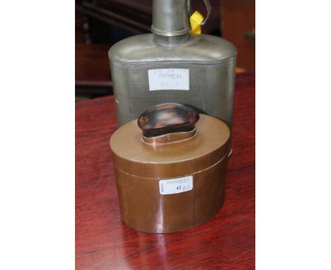 ART DECO STYLE COPPER TEA CADDY
of oval form with rosewood handle; together with a pewter water canteen, canteen 25cm high