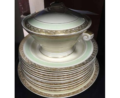 PART CROWN DEVON DINNER SET
including dinner plates, soup bowls and side plates, also a tureen with cover and a serving plate