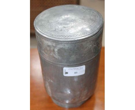 CHINESE WHITE METAL TEA CADDY
in cylindical form, engraved with flowers, character stamps to base, 19.5cm high