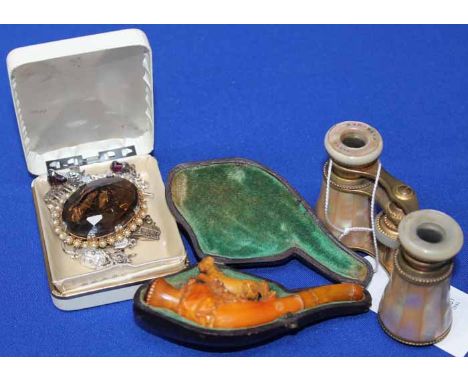 PAIR OF MOTHER OF PEARL OPERA GLASSES
together with a meerschaum pipe with amber mouthpiece, in its case, and a smoky quartz 