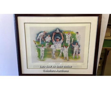 FRAMED AND GLAZED PRINT OF 'WIND SWEPT', ENGLAND V WEST INDIES TEST SERIES 2000, LIMITED EDITION 368/495, SIGNATURES IN PENCI