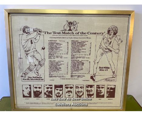FRAMED AND GLAZED PRINT OF 'THE TEST MATCH OF THE CENTURY' BETWEEN AUSTRALIA AND ENGLAND IN JULY 1981.  55CM X 47CM