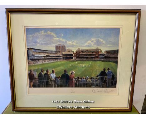 FRAMED AND GLAZED PRINT OF LORDS BY ALAN FEARNLEY, SIGNED BY DENIS COMPTON, 67CM X 55CM