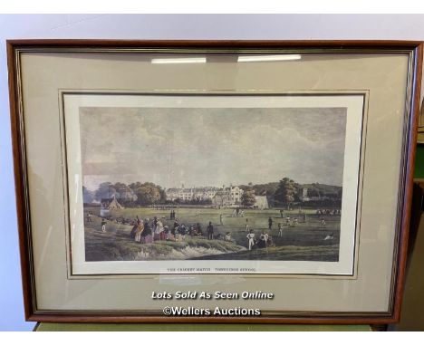 LARGE FRAMED AND GLAZED PRINT OF 'THE CRICKET MATCH TONBRIDGE SCHOOL', 84CM X 61CM