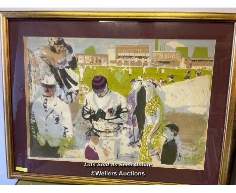 LARGE FRAMED AND GLAZED COLOURED PRINT OF AN ABSTRACT CRICKET SCENE MCC AT LORDS 1951, LIMITED EDITION 3/50, BY EDWIN LA DELL