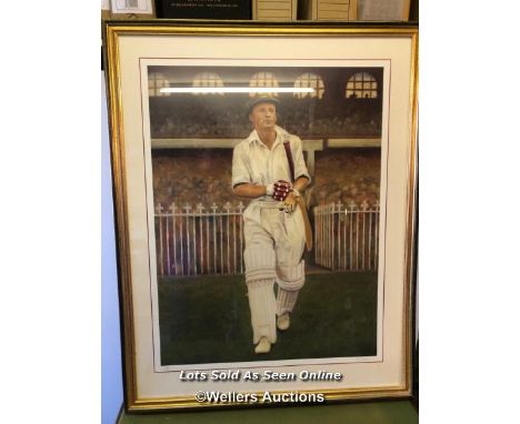 LARGE FRAMED AND GLAZED PRINT OF DON BRADMAN, LIMITED EDITION 285/1500, BY MICHAEL PARKER. 93CM X 74CM