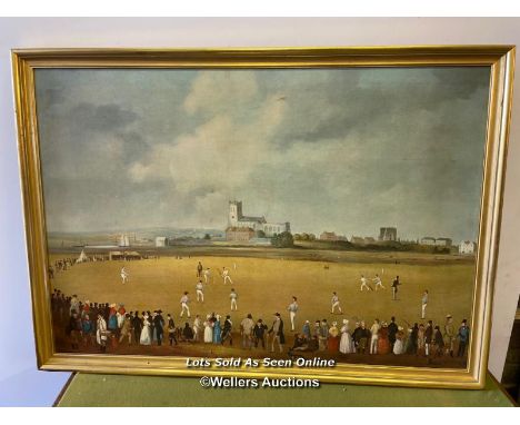 FRAMED OLEOGRAPH REPRODUCTION OF THE CRICKET MATCH AT CHRISTCHURCH CIRCA 1850, IN THE COLLECTION OF THE MCC AT LORDS, PRINT N