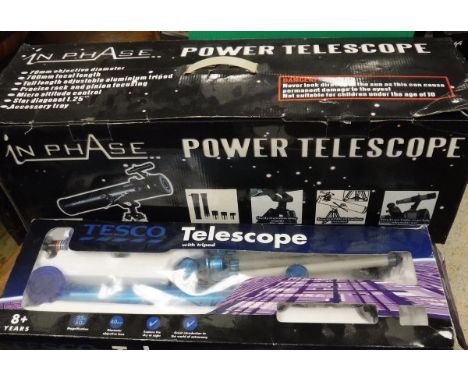 An In Phase power telescope DG066224, together with a Tesco's telescope with tripod