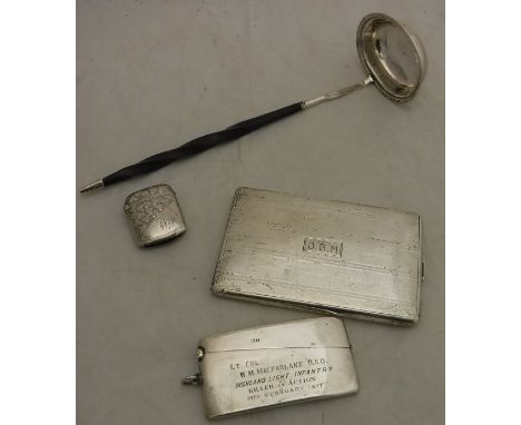 A whale bone handled George III punch ladle, together with a silver card case inscribed "Lt. CLL. WM. Macfarlane D.S.O. Highl
