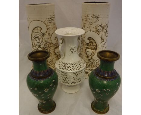A pair of modern Chinese cloisonné green ground baluster shaped vases with prunus blossom decoration, together with a pair of