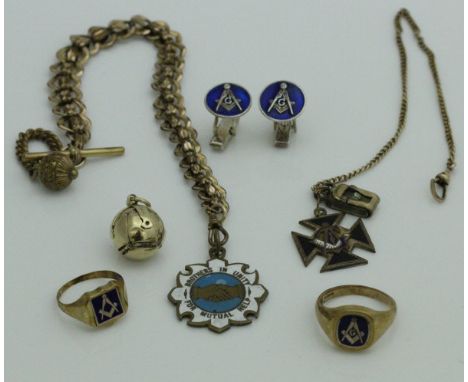 Assorted Masonic related items to include 9 carat gold Masonic orb, two Masonic rings, a pair of silver and enamel cufflinks,