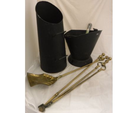 Three brass fireside companion tools, a coal bucket and coal scuttle, together with H CARPENTER "Figure in snow", oil on canv