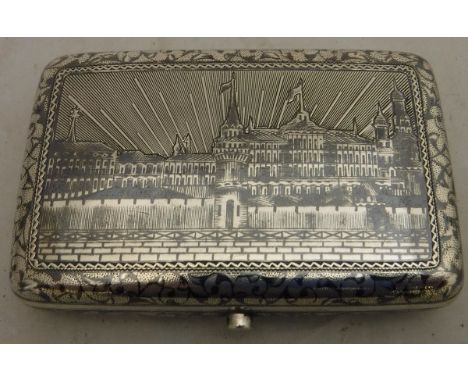 A Russian silver niello case with palace decoration to the front, monogrammed verso, possibly by Timofei Ilbin, 3.8 ozt CONDI