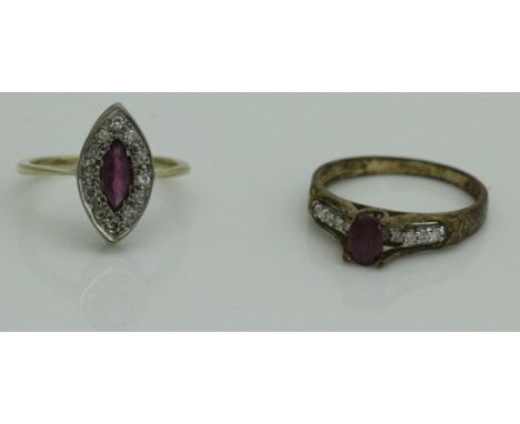 An 18 carat gold ruby and chip diamond ring, set within a pinched oval, together with a 9 carat  gold ruby and chip diamond r