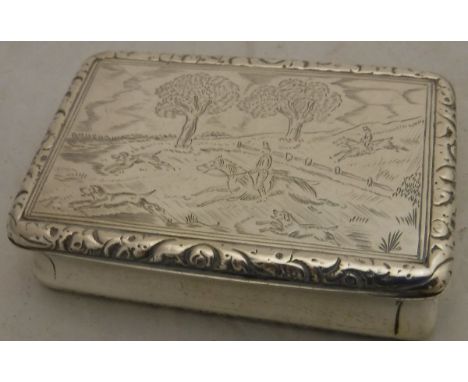 A silver snuff box, the lid with hunt decoration and gilt-washed interior (by John Shaw, Birmingham 1821), 3.35 ozt CONDITION