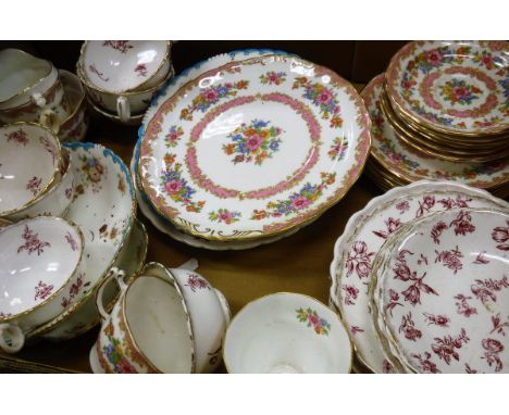 A box of assorted vintage china wares, together with a Tole ware type painted bread bin