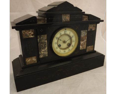 A marble and slate cased mantle clock with Arabic numerals to the dial, together with one further slate mantle clock with  Ro