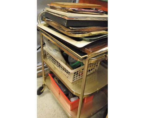 A vintage Kaymet three tier trolley, together with a vintage Sywan tray, various other trays, a set of steps, various tools, 