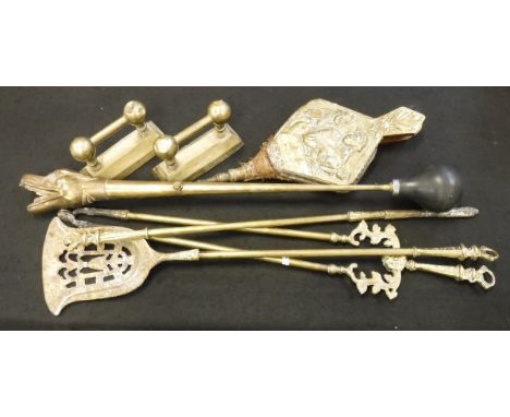 A brass car horn, the head formed as a dragon head, together with an embossed pair of bellows, three brass fireside tools, sh