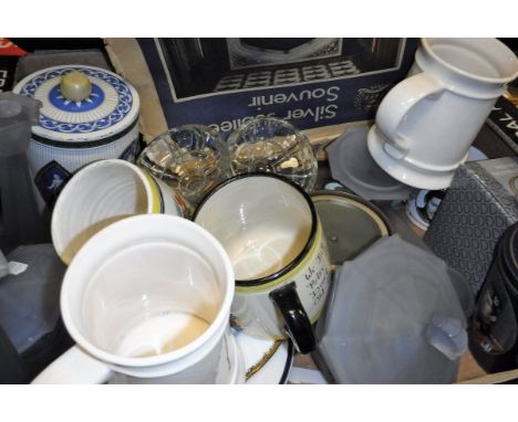 Two boxes of assorted sundry items to include a Goebel figure of a bird, a Denby lidded soup tureen, an oak mounted barometer