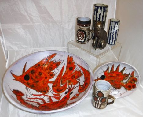 A David Walters studio pottery lidded pot, three stoneware jugs, a bowl and plate decorated with crustaceans, a studio potter
