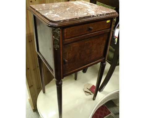 A French walnut marble top pot cupboard with drawer and cupboard door raised on ringed and turned supports, together with a m