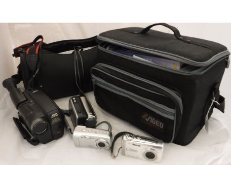 Three bags of assorted cameras and equipment to include a JVC Compact VHS GR-AX600, Kodak Advantix F600, a FujiFilm F650 6 Me