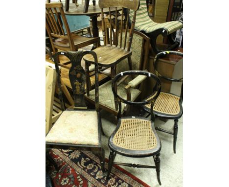 A pair of Victorian ebonised mother of pearl inlaid and gilt decorated cane seated bedroom chairs, together with an ebonised 