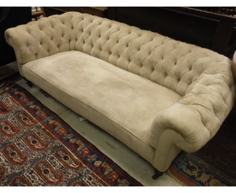A late Victorian buttoned upholstered Chesterfield sofa upholstered in fawn cord CONDITION REPORTS Sofa has areas of discolou