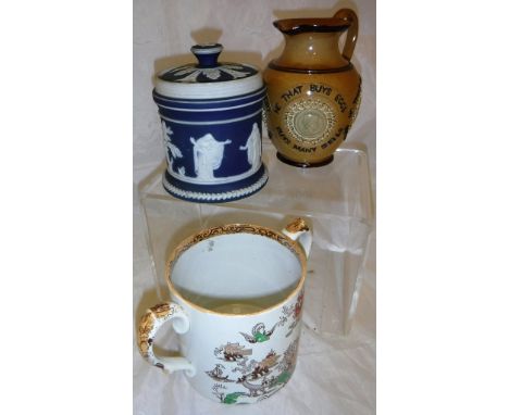 A Royal Doulton figurine "Fleur" (HN 2368), an Adams Jasper ware lidded pot, a Doulton Lambeth jug marked with four roundels 