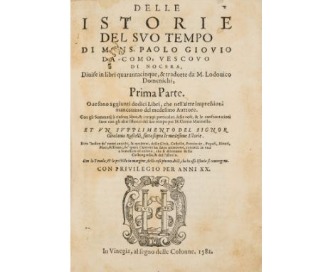 Giovio (Paolo) Delle Istorie del Suo Tempo, 2 vol., woodcut printer's device to titles, woodcut initials, vol. 1 ink inscript