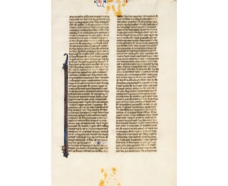 Medieval manuscript.- Single leaf from a French Bible on vellum, written in Latin in black ink in a regular gothic book hand,