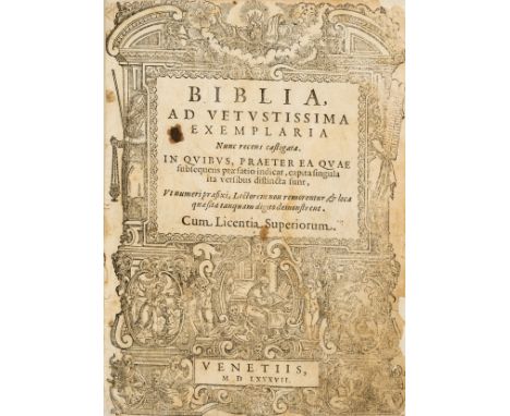 Bible, Latin. Biblia ad vetustissima exemplaria nunc recens castigata, woodcut architectural title, woodcut illustrations and