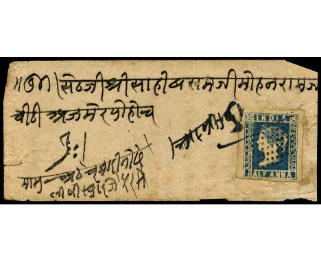 1854-55 ½a greenish blue, die III (SG 9) used on small native cover by diamond of dots and tied by m/script, reverse bears AJ