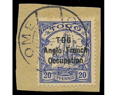 1914 (Oct) Narrow setting with lines 2mm apart, 20pf blue, variety "TOG" for "TOGO" (SG H17a), very fine used on piece with l