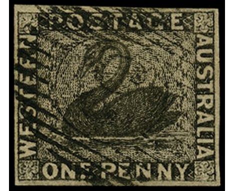 1854 'Swan' 1d black (SG 1), four margins neatly used with light strike of barred numeral '5' 