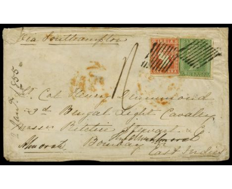 Incoming Mail:1855 (Jan-Feb) stampless cover from Durham to Bombay, "via Southampton", addressed to "Lt Col Henry Drummond, 3