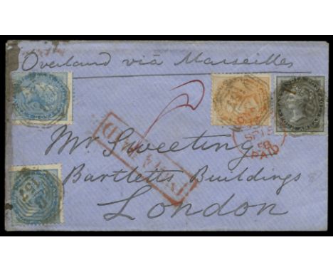 1857-58 Group of three covers to London, two from Calcutta, the other from Rungpore, all endorsed "Overland, via Marseilles" 