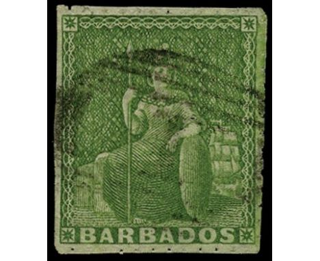 1860 No watermark, Pin-perf 12½ (½d) yellow-green (SG 16), used by light numeral cancellation, perfs intact three sides with 