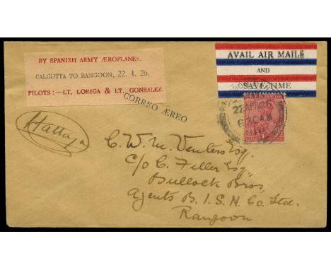 Airmails: 1926 (22 April) Calcutta - Rangoon first flight, cover franked KGV 1a carmine tied RANGOON/CANTT cds, also  bearing