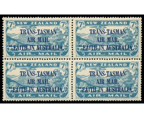 1934 7d light blue "Trans-Tasman" overprint block of 4 (SG 554), light overall gum toning u/m