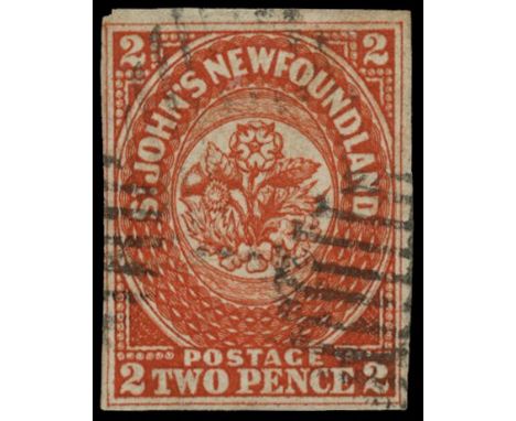 1857-64 thick machine-made paper 2d orange-vermilion (SG 2), lightly used by three part barred ovals, some light creasing, fo